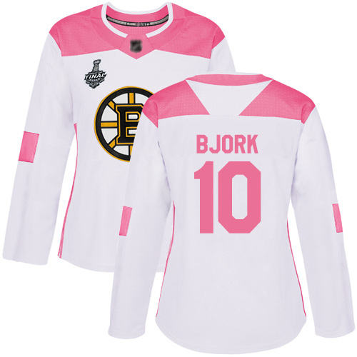 Personalized Bruins #10 Anders Bjork White Pink Authentic Fashion Stanley Cup Final Bound Women’s Stitched Hockey Jersey