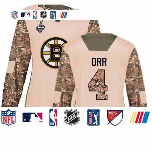 Personalized Bruins #4 Bobby Orr Camo Authentic 2017 Veterans Day Stanley Cup Final Bound Women’s Stitched Hockey Jersey