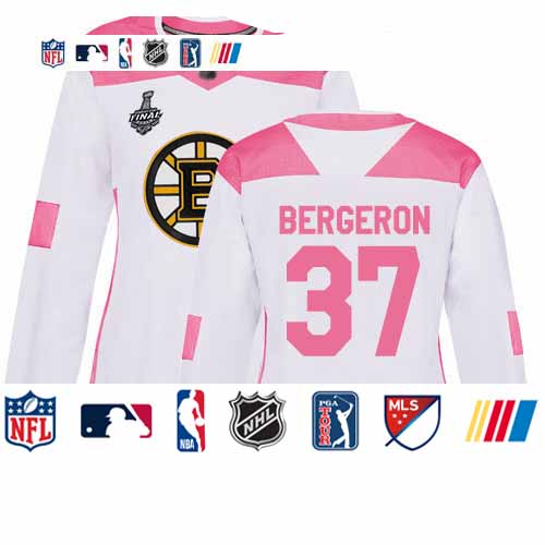 Personalized Bruins #37 Patrice Bergeron White Pink Authentic Fashion Stanley Cup Final Bound Women’s Stitched Hockey Jersey