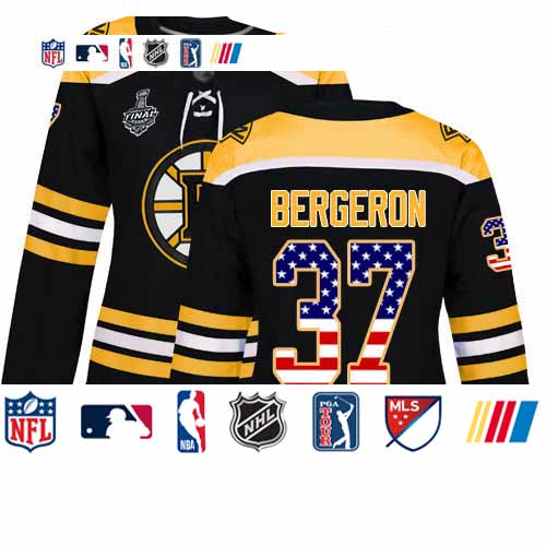 Personalized Bruins #37 Patrice Bergeron Black Home Authentic USA Flag Stanley Cup Final Bound Women’s Stitched Hockey Jersey