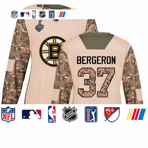 Personalized Bruins #37 Patrice Bergeron Camo Authentic 2017 Veterans Day Stanley Cup Final Bound Women’s Stitched Hockey Jersey