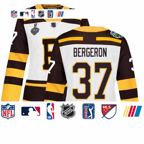 Personalized Bruins #37 Patrice Bergeron White Authentic 2019 Winter Classic Stanley Cup Final Bound Women’s Stitched Hockey Jersey