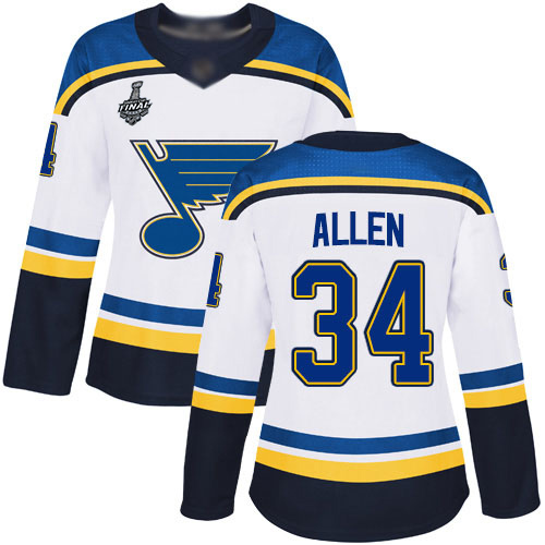 Personalized Blues #34 Jake Allen White Road Authentic Stanley Cup Final Bound Women’s Stitched Hockey Jersey