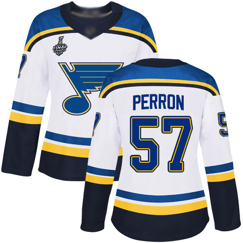 Personalized Blues #57 David Perron White Road Authentic Stanley Cup Final Bound Women’s Stitched Hockey Jersey