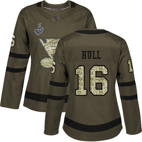 Personalized Blues #16 Brett Hull Green Salute to Service Stanley Cup Final Bound Women’s Stitched Hockey Jersey