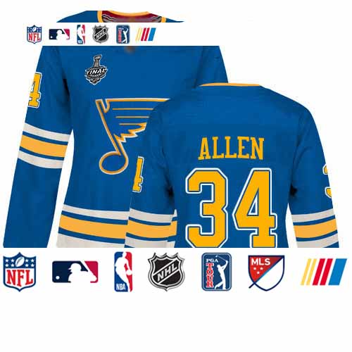 Personalized Blues #34 Jake Allen Blue Alternate Authentic Stanley Cup Final Bound Women’s Stitched Hockey Jersey