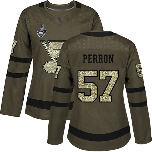 Personalized Blues #57 David Perron Green Salute to Service Stanley Cup Final Bound Women’s Stitched Hockey Jersey