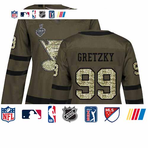 Personalized Blues #99 Wayne Gretzky Green Salute to Service Stanley Cup Final Bound Women’s Stitched Hockey Jersey