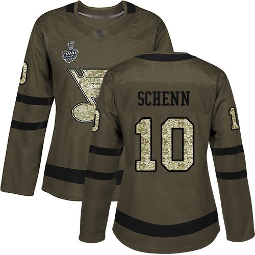 Personalized Blues #10 Brayden Schenn Green Salute to Service Stanley Cup Final Bound Women’s Stitched Hockey Jersey