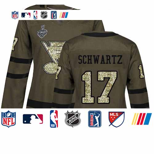 Personalized Blues #17 Jaden Schwartz Green Salute to Service Stanley Cup Final Bound Women’s Stitched Hockey Jersey