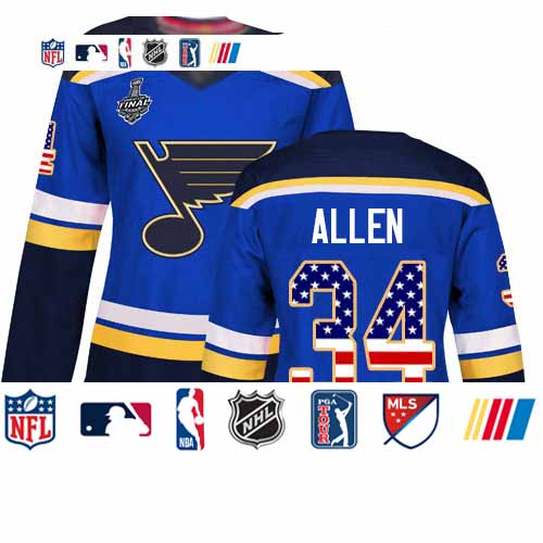 Personalized Blues #34 Jake Allen Blue Home Authentic USA Flag Stanley Cup Final Bound Women’s Stitched Hockey Jersey