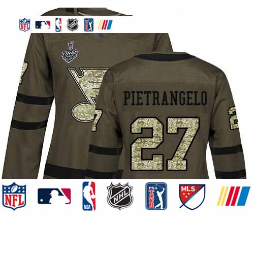 Personalized Blues #27 Alex Pietrangelo Green Salute to Service Stanley Cup Final Bound Women’s Stitched Hockey Jersey