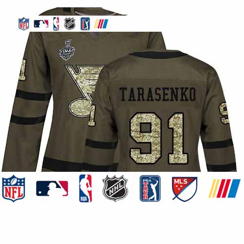 Personalized Blues #91 Vladimir Tarasenko Green Salute to Service Stanley Cup Final Bound Women’s Stitched Hockey Jersey