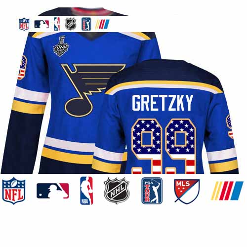 Personalized Blues #99 Wayne Gretzky Blue Home Authentic USA Flag Stanley Cup Final Bound Women’s Stitched Hockey Jersey