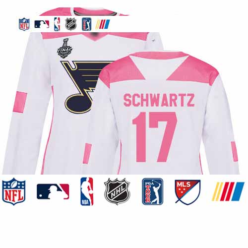 Personalized Blues #17 Jaden Schwartz White Pink Authentic Fashion Stanley Cup Final Bound Women’s Stitched Hockey Jersey