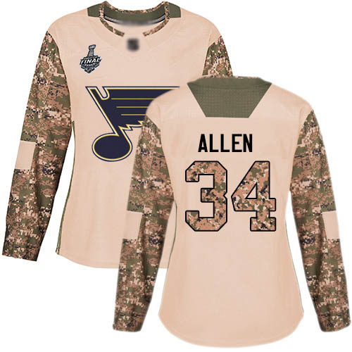Personalized Blues #34 Jake Allen Camo Authentic 2017 Veterans Day Stanley Cup Final Bound Women’s Stitched Hockey Jersey