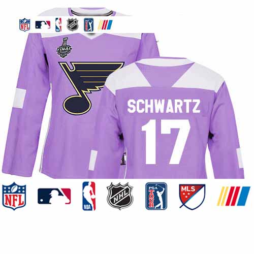 Personalized Blues #17 Jaden Schwartz Purple Authentic Fights Cancer Stanley Cup Final Bound Women’s Stitched Hockey Jersey
