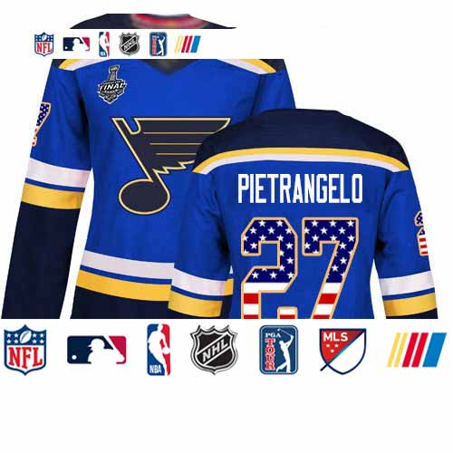 Personalized Blues #27 Alex Pietrangelo Blue Home Authentic USA Flag Stanley Cup Final Bound Women’s Stitched Hockey Jersey