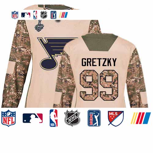Personalized Blues #99 Wayne Gretzky Camo Authentic 2017 Veterans Day Stanley Cup Final Bound Women’s Stitched Hockey Jersey