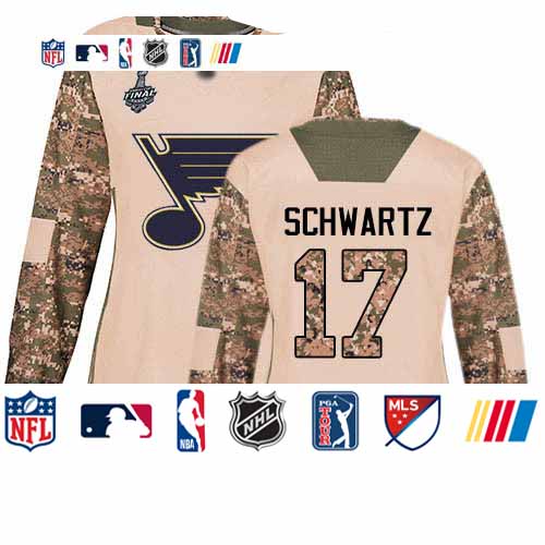 Personalized Blues #17 Jaden Schwartz Camo Authentic 2017 Veterans Day Stanley Cup Final Bound Women’s Stitched Hockey Jersey