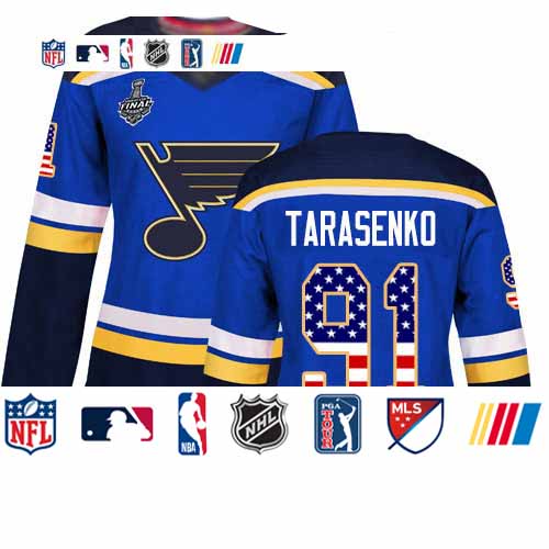 Personalized Blues #91 Vladimir Tarasenko Blue Home Authentic USA Flag Stanley Cup Final Bound Women’s Stitched Hockey Jersey