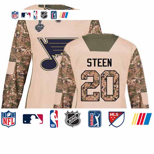 Personalized Blues #20 Alexander Steen Camo Authentic 2017 Veterans Day Stanley Cup Final Bound Women’s Stitched Hockey Jersey