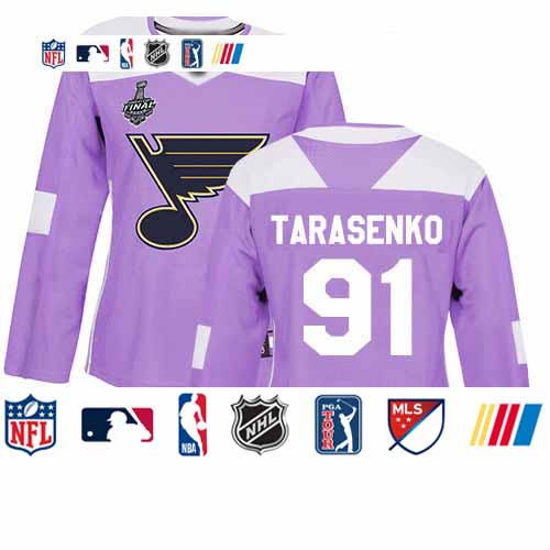 Personalized Blues #91 Vladimir Tarasenko Purple Authentic Fights Cancer Stanley Cup Final Bound Women’s Stitched Hockey Jersey