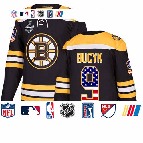 Personalized Bruins #9 Johnny Bucyk Black Home Authentic USA Flag Stanley Cup Final Bound Stitched Hockey Jersey