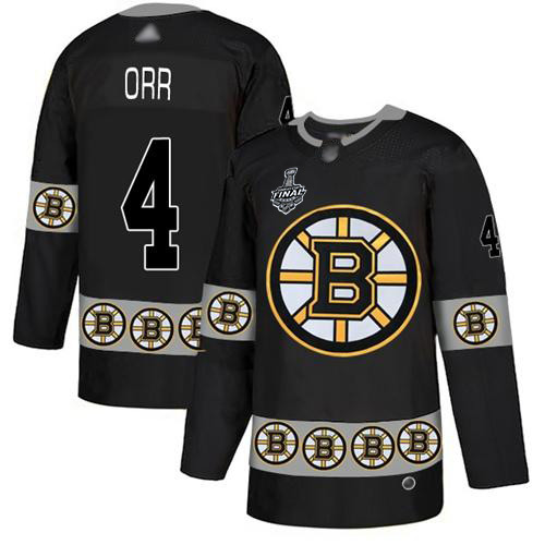 Personalized Bruins #4 Bobby Orr Black Authentic Team Logo Fashion Stanley Cup Final Bound Stitched Hockey Jersey