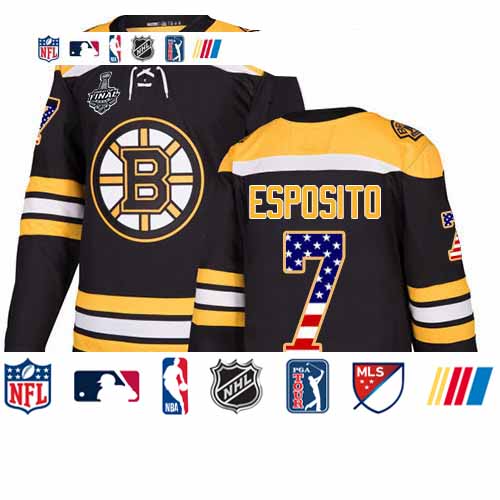 Personalized Bruins #7 Phil Esposito Black Home Authentic USA Flag Stanley Cup Final Bound Stitched Hockey Jersey