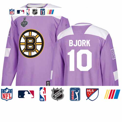 Personalized Bruins #10 Anders Bjork Purple Authentic Fights Cancer Stanley Cup Final Bound Stitched Hockey Jersey