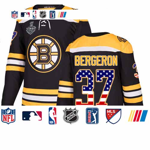 Personalized Bruins #37 Patrice Bergeron Black Home Authentic USA Flag Stanley Cup Final Bound Stitched Hockey Jersey