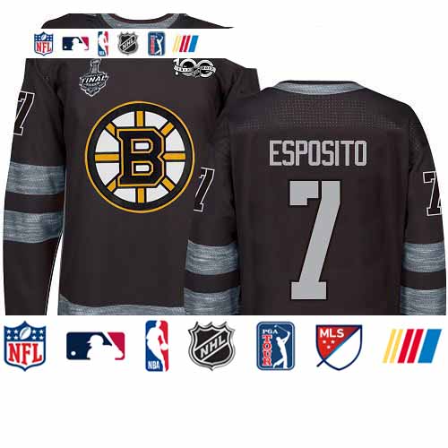 Personalized Bruins #7 Phil Esposito Black 1917-2017 100th Anniversary Stanley Cup Final Bound Stitched Hockey Jersey
