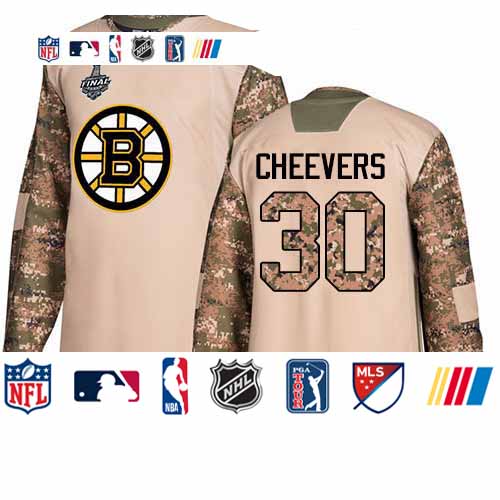 Personalized Bruins #30 Gerry Cheevers Camo Authentic 2017 Veterans Day Stanley Cup Final Bound Stitched Hockey Jersey
