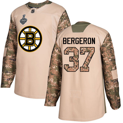 Personalized Bruins #37 Patrice Bergeron Camo Authentic 2017 Veterans Day Stanley Cup Final Bound Stitched Hockey Jersey