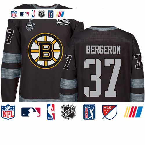 Personalized Bruins #37 Patrice Bergeron Black 1917-2017 100th Anniversary Stanley Cup Final Bound Stitched Hockey Jersey