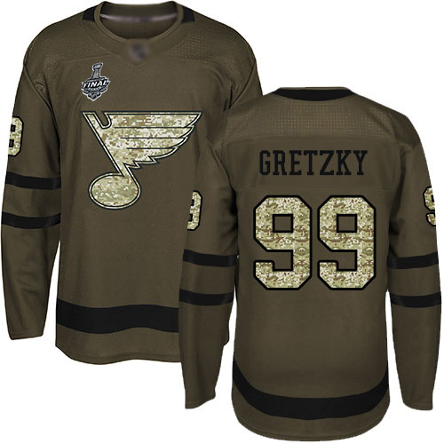 Personalized Blues #99 Wayne Gretzky Green Salute to Service Stanley Cup Final Bound Stitched Hockey Jersey