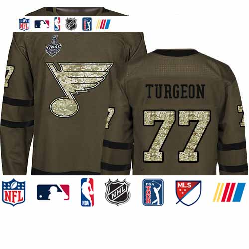 Personalized Blues #77 Pierre Turgeon Green Salute to Service Stanley Cup Final Bound Stitched Hockey Jersey