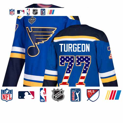 Personalized Blues #77 Pierre Turgeon Blue Home Authentic USA Flag Stanley Cup Final Bound Stitched Hockey Jersey