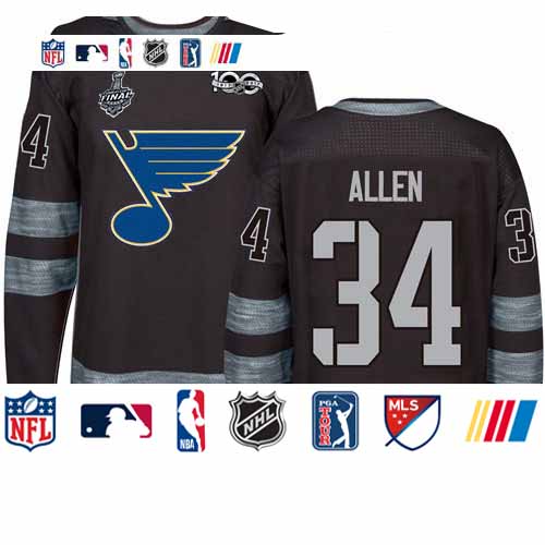 Personalized Blues #34 Jake Allen Black 1917-2017 100th Anniversary Stanley Cup Final Bound Stitched Hockey Jersey