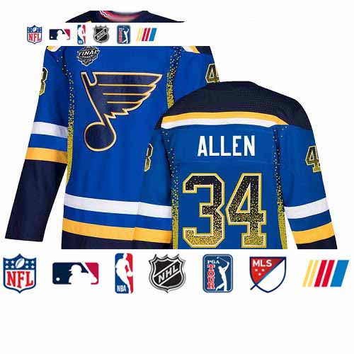 Personalized Blues #34 Jake Allen Blue Home Authentic Drift Fashion Stanley Cup Final Bound Stitched Hockey Jersey