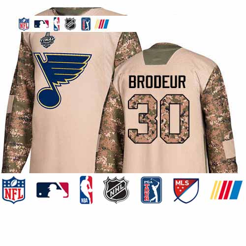 Personalized Blues #30 Martin Brodeur Camo Authentic 2017 Veterans Day Stanley Cup Final Bound Stitched Hockey Jersey