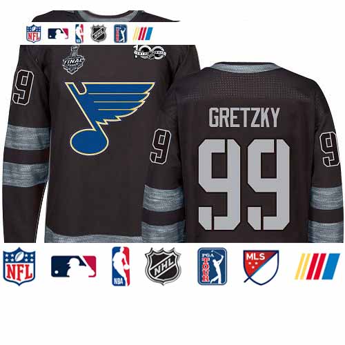 Personalized Blues #99 Wayne Gretzky Black 1917-2017 100th Anniversary Stanley Cup Final Bound Stitched Hockey Jersey