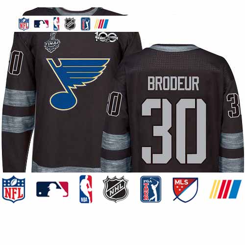 Personalized Blues #30 Martin Brodeur Black 1917-2017 100th Anniversary Stanley Cup Final Bound Stitched Hockey Jersey