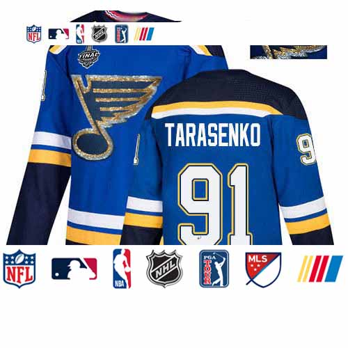 Personalized Blues #91 Vladimir Tarasenko Blue Home Authentic Fashion Gold Stanley Cup Final Bound Stitched Hockey Jersey