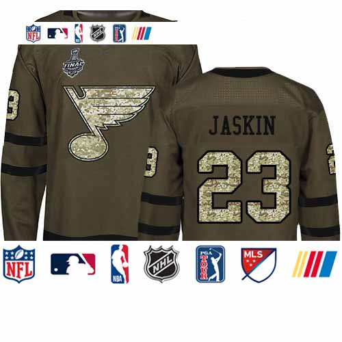 Personalized Blues #23 Dmitrij Jaskin Green Salute to Service Stanley Cup Final Bound Stitched Hockey Jersey