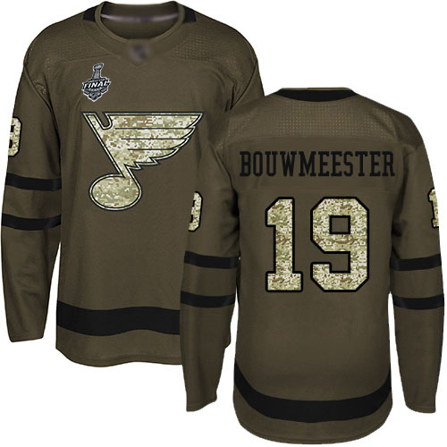 Personalized Blues #19 Jay Bouwmeester Green Salute to Service Stanley Cup Final Bound Stitched Hockey Jersey