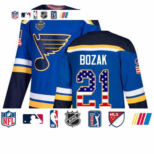Personalized Blues #21 Tyler Bozak Blue Home Authentic USA Flag Stanley Cup Final Bound Stitched Hockey Jersey