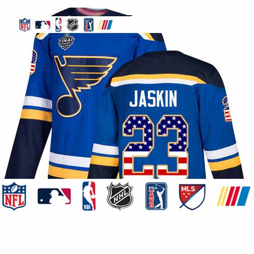Personalized Blues #23 Dmitrij Jaskin Blue Home Authentic USA Flag Stanley Cup Final Bound Stitched Hockey Jersey