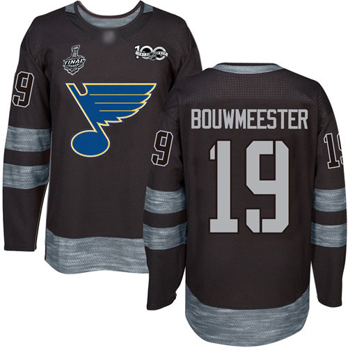 Personalized Blues #19 Jay Bouwmeester Black 1917-2017 100th Anniversary Stanley Cup Final Bound Stitched Hockey Jersey